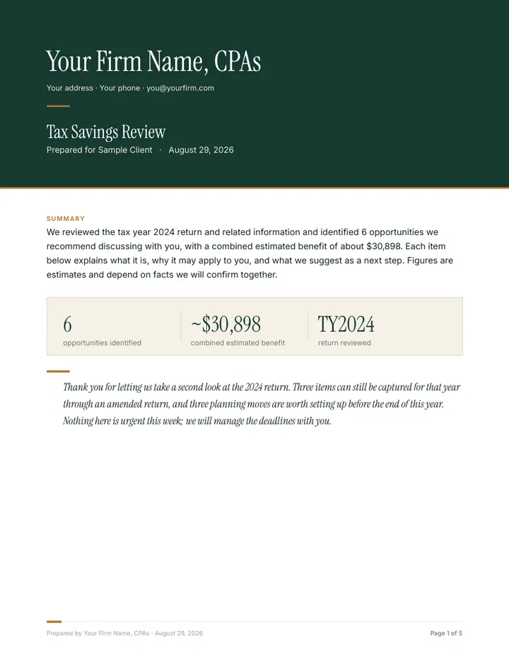Sample client report, first page