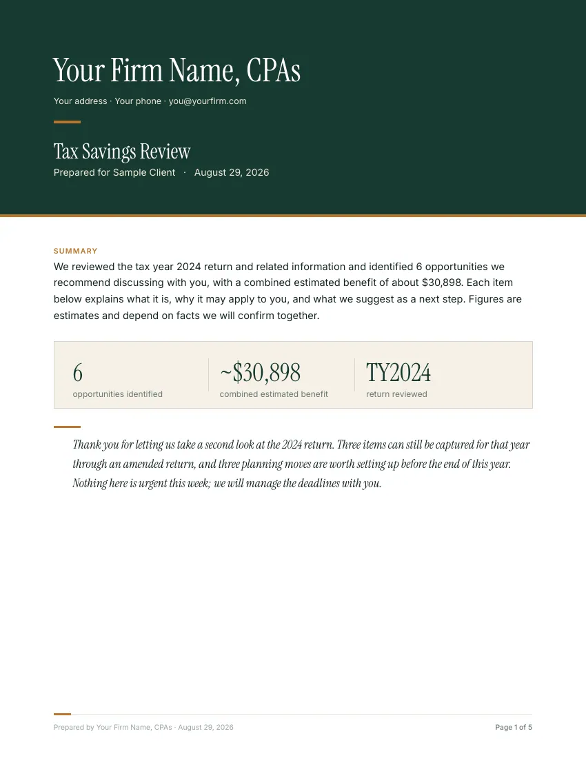 Client report, under the firm's name